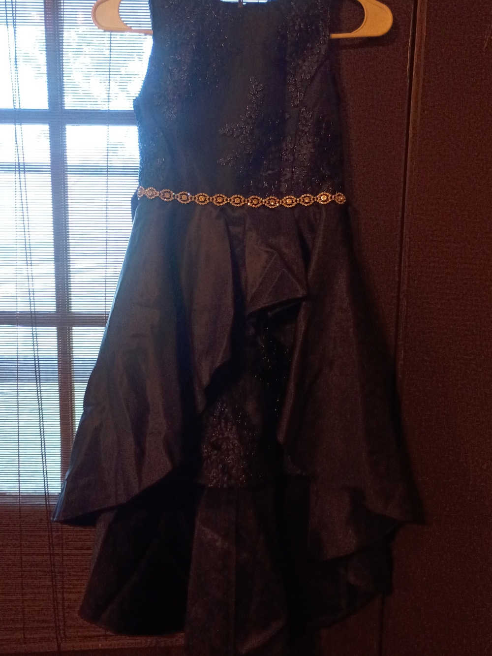 Rare Editions Black High-Low Formal Dress with Gold Beaded Waist